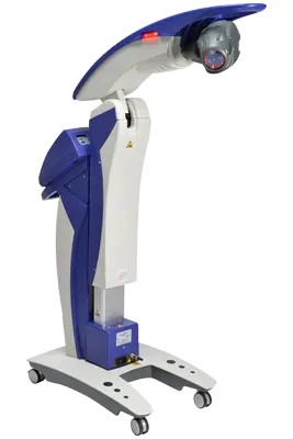 Advanced therapeutic device on wheels with a curved blue-and-white structure and digital control panel.